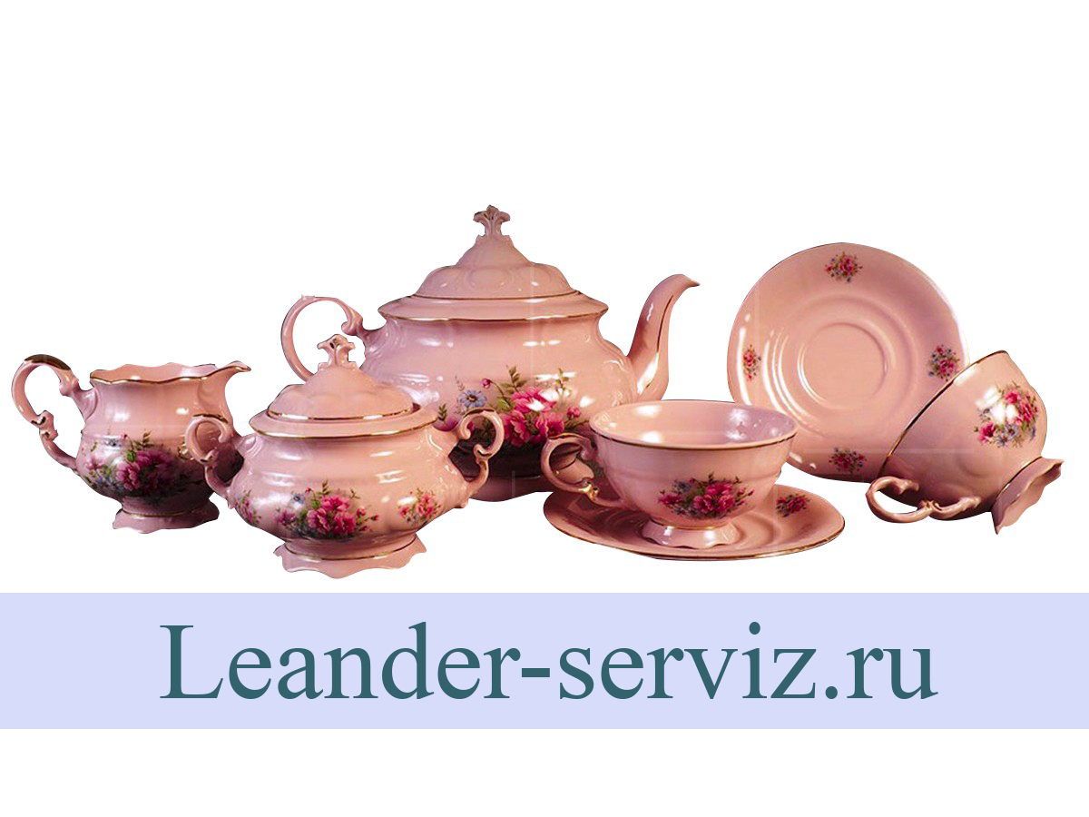 картинка Чайный сервиз 6 персон 15 предметов Соната (Sonata), Розовые цветы, розовый фарфор 07260725-0013 Leander от интернет-магазина Leander Serviz
