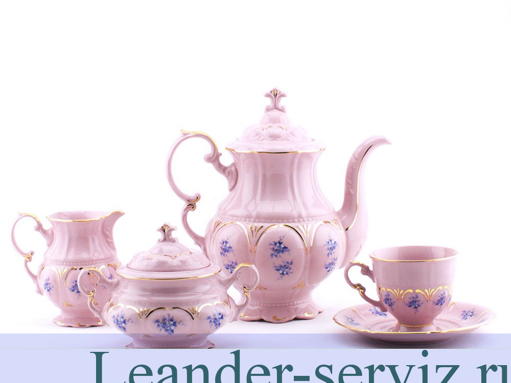 картинка Кофейный сервиз 6 персон 15 предметов Соната, Голубые цветы, розовый фарфор 07260714-0009 Leander от интернет-магазина Leander Serviz