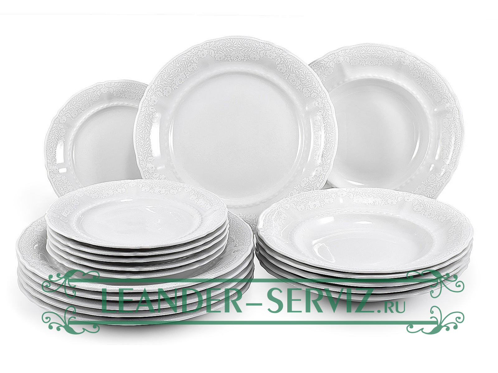 картинка Набор тарелок 6 персон 18 предметов, Соната, Белый узор 07160119-3001 Leander от интернет-магазина Leander Serviz