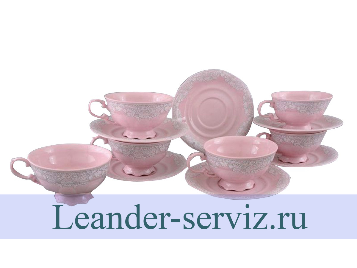 картинка Чайные пары 200 мл 6 пар Соната, Серый узор, розовый фарфор 07260425-3002 Leander от интернет-магазина Leander Serviz