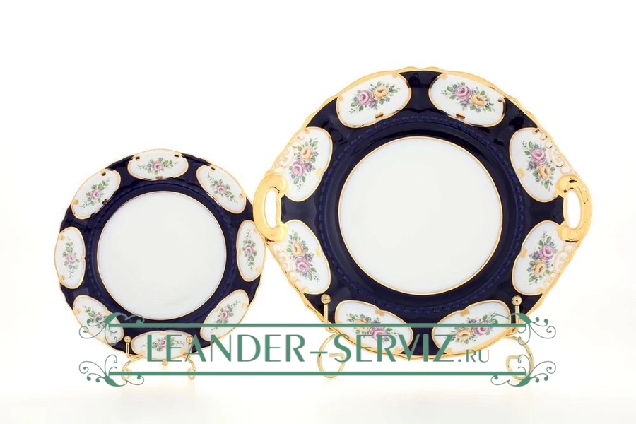 картинка Набор для торта 6 персон 7 предметов с тарелками 17 см, Соната (Sonata), Розовый цветок, кобальт 07161017-0419 Leander от интернет-магазина Leander Serviz