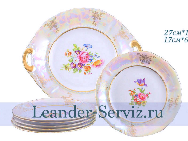картинка Набор для торта 6 персон 7 предметов Соната (Sonata), Цветы, перламутр 07161017-0656 Leander от интернет-магазина Leander Serviz
