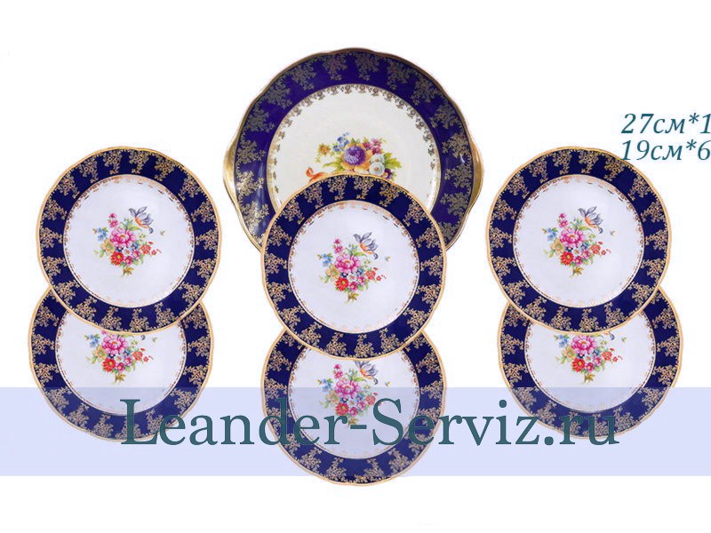 картинка Набор для торта 6 персон 7 предметов Мэри-Энн (Mary-Anne), Мелкие цветы, кобальт 03161019-0086 Leander от интернет-магазина Leander Serviz