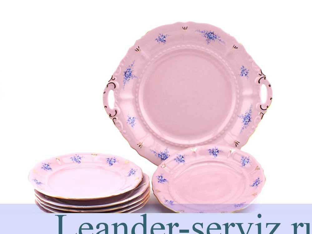 картинка Набор для торта 7 предметов Соната, Голубые цветы, розовый фарфор 07261017-0009 Leander от интернет-магазина Leander Serviz