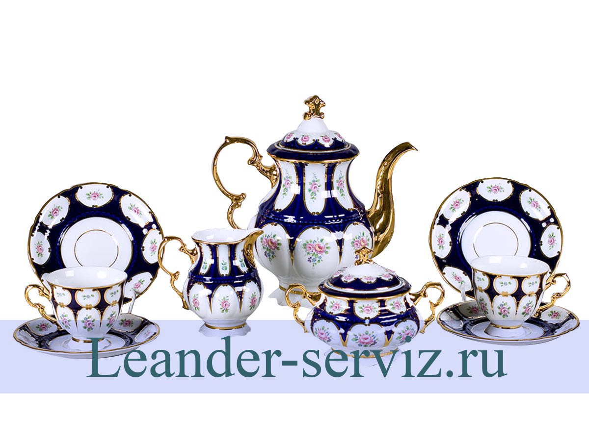 картинка Кофейный сервиз Мокко 6 персон 15 предметов Соната, Розовый цветок, кобальт 07160713-0419 Leander от интернет-магазина Leander Serviz