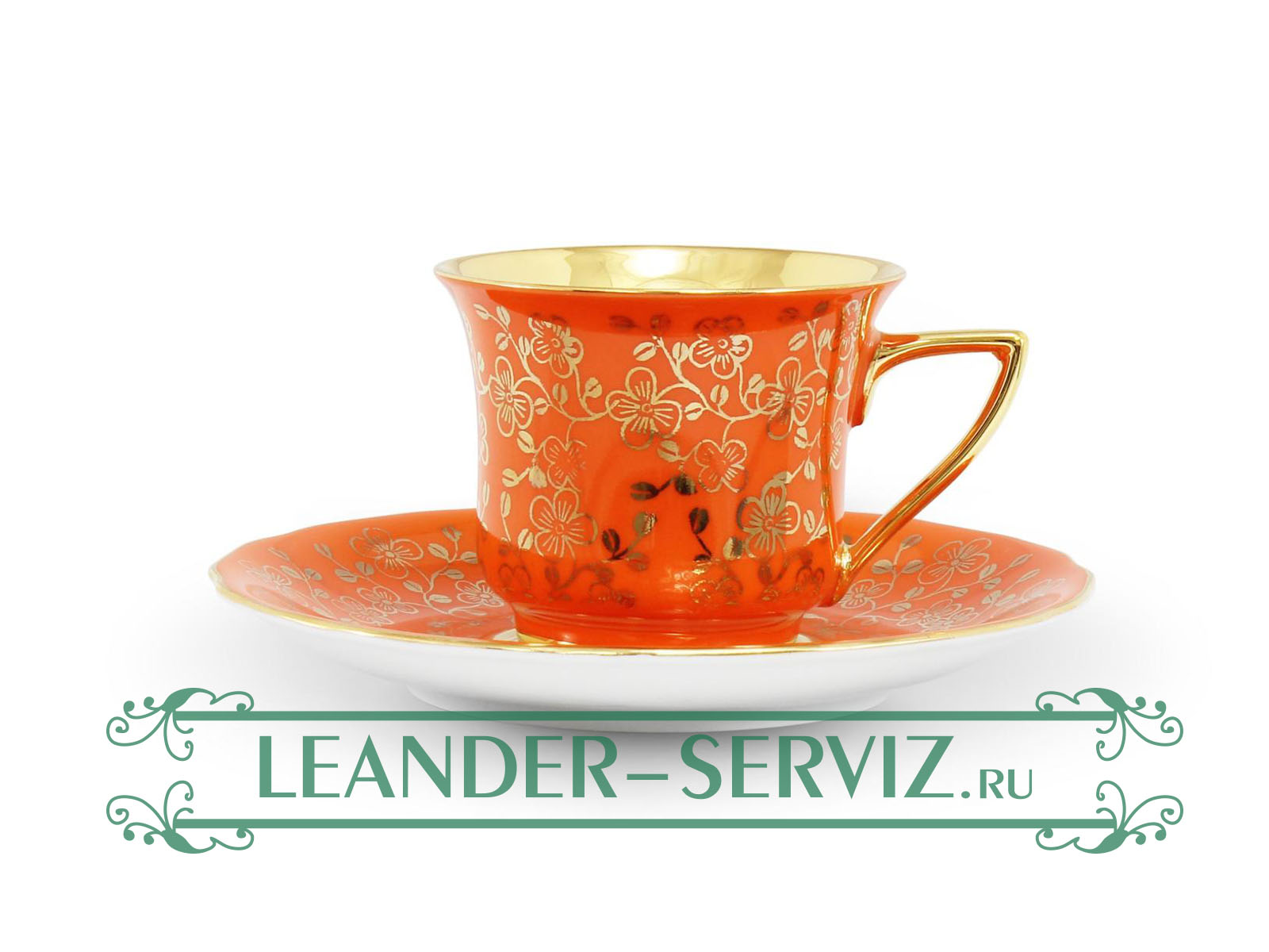 картинка Кофейная пара 100 мл Виндзор (Windzor), Золотые цветы, оранж 13120413-J341 Leander от интернет-магазина Leander Serviz